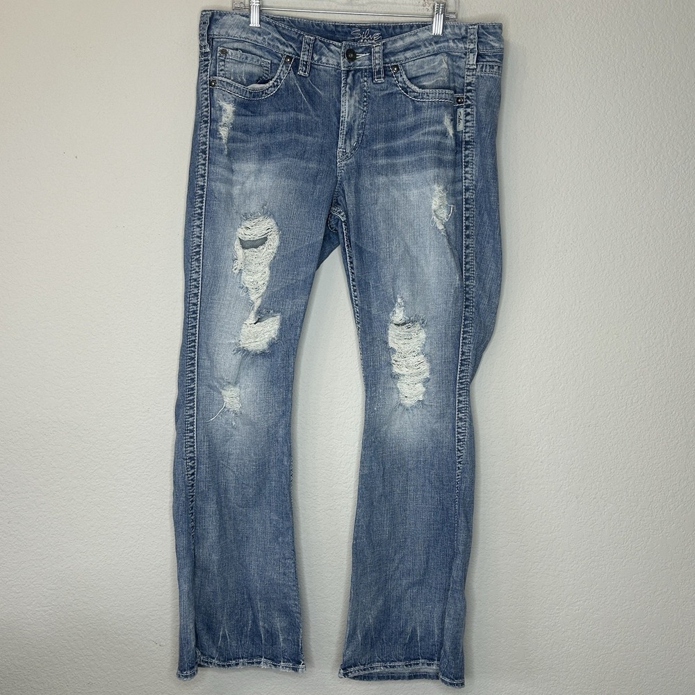 Silver Jeans Frances 37x30 Mid Rise Distressed Thick Stitch Bootcut Blue Jeans
